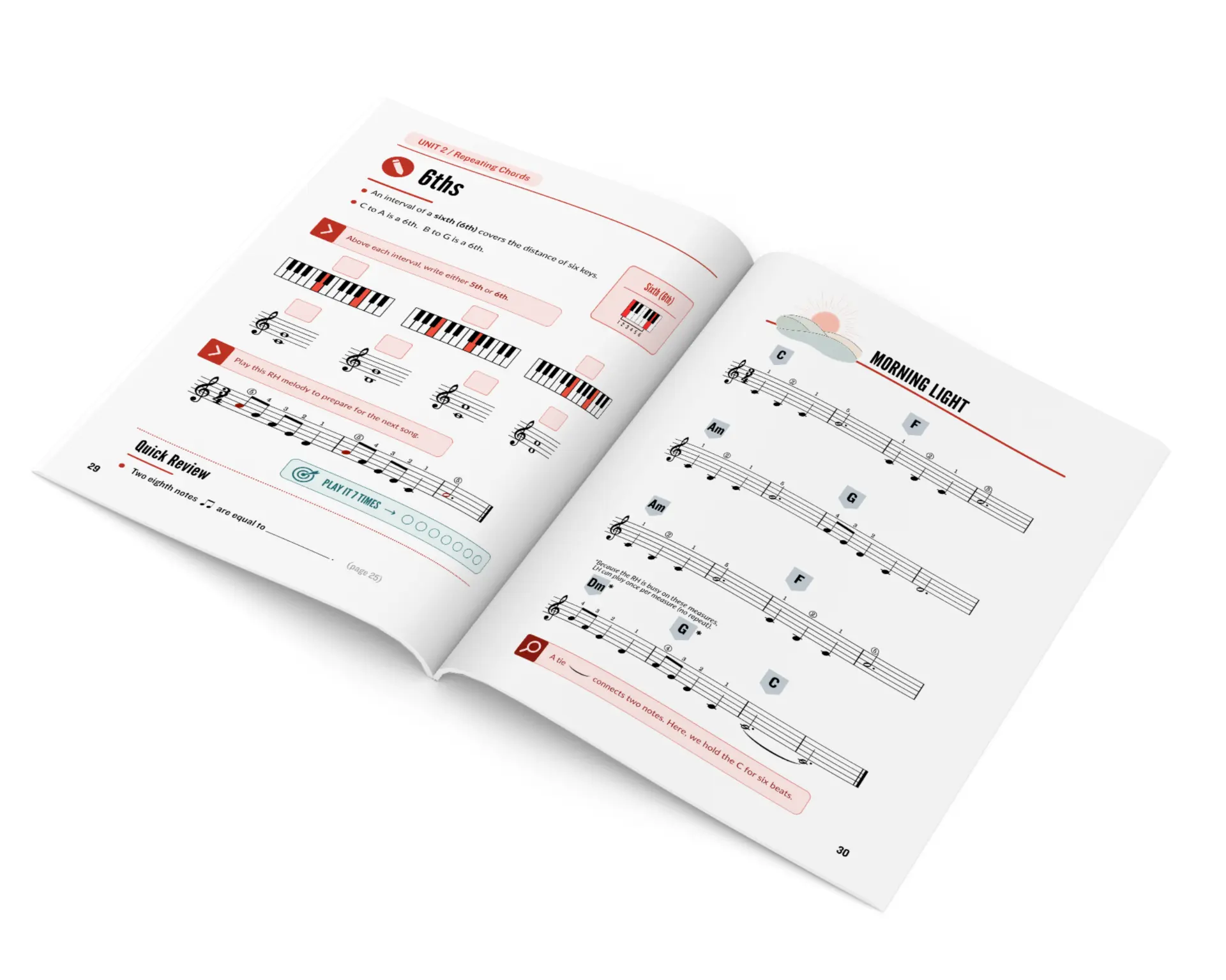 Open Chord First Book 1 showing pages 29 and 30 with 6ths, repeating chords, and the song Morning Light