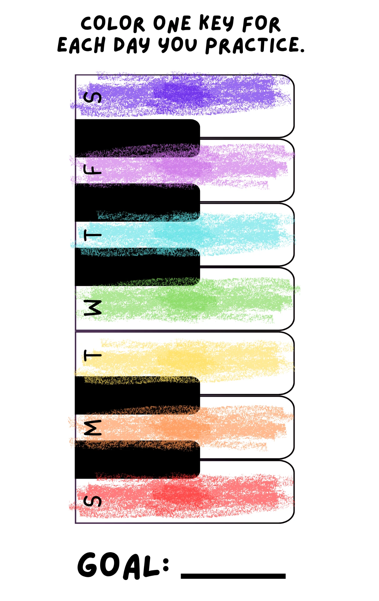 Practice-day piano keys colored in to track a weekly practice goal