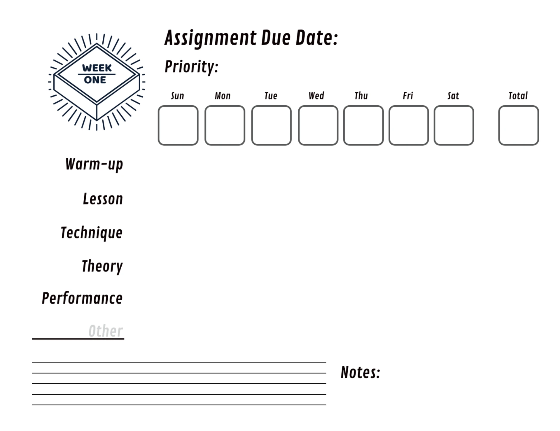 Close-up of the weekly assignment area with book titles and practice tracking boxes