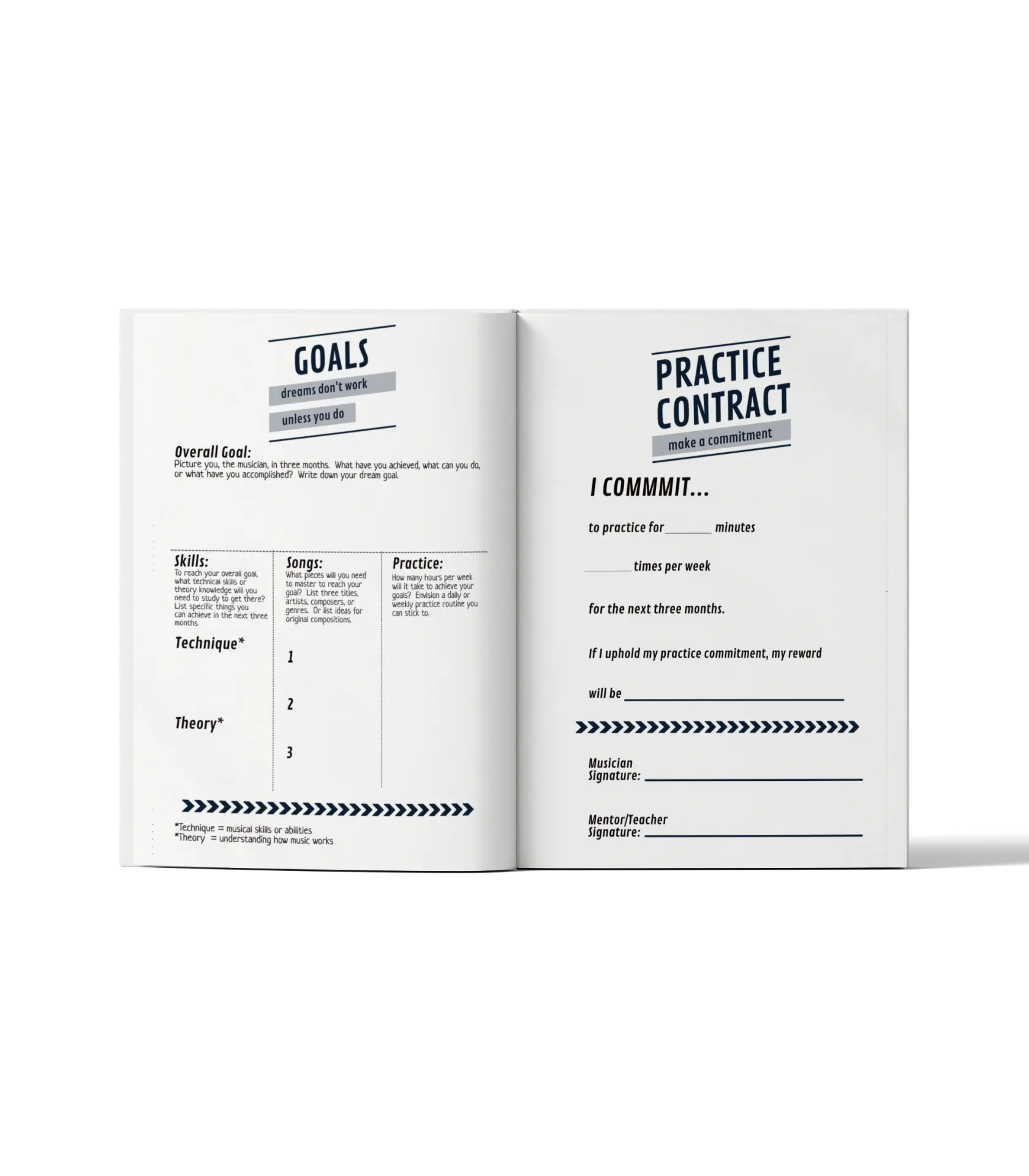 Goal Setting Assignment Book open to goal brainstorming and practice contract pages
