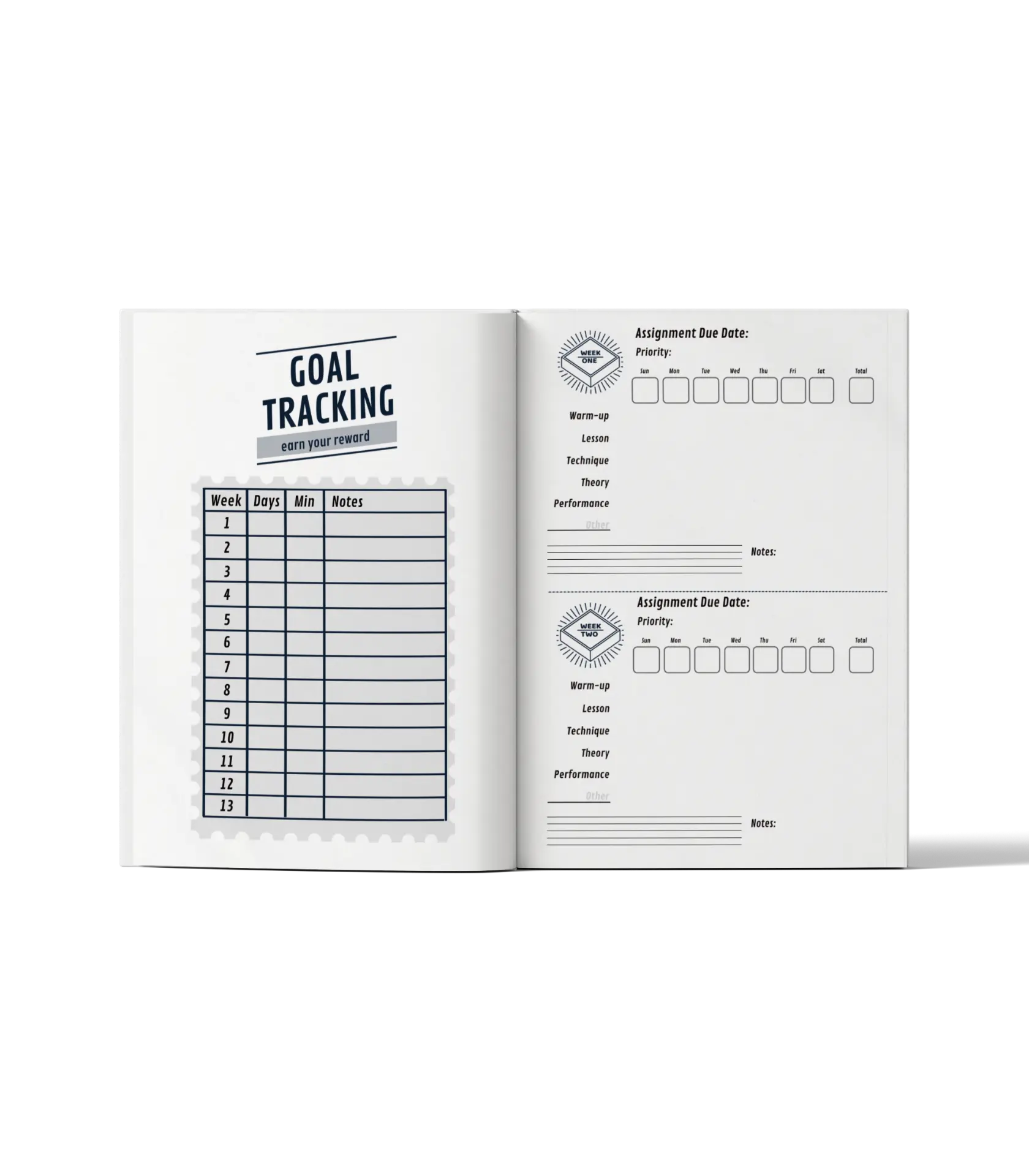 Goal Setting Assignment Book open to a goal tracking chart and weekly assignment page