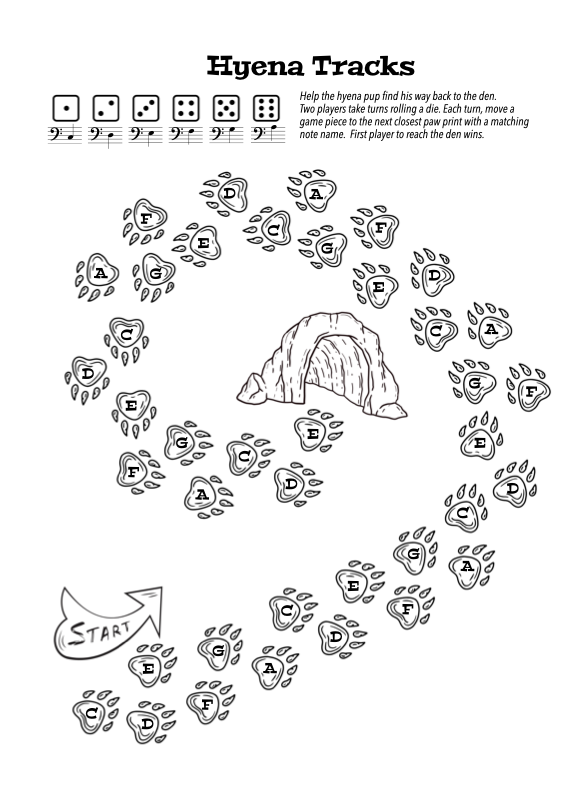 Hyena Tracks note-naming game page from A Day at the Zoo