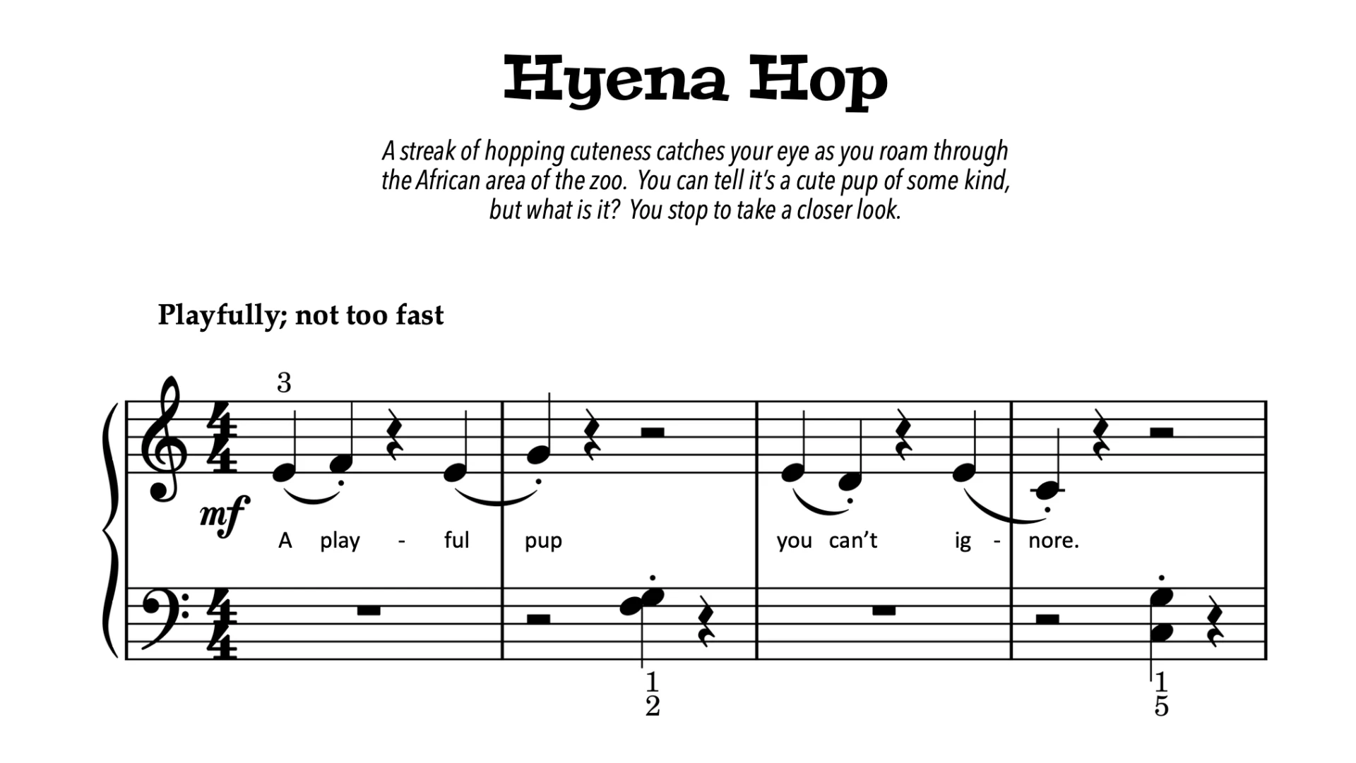 Close-up of the opening notation for the song Hyena Hop